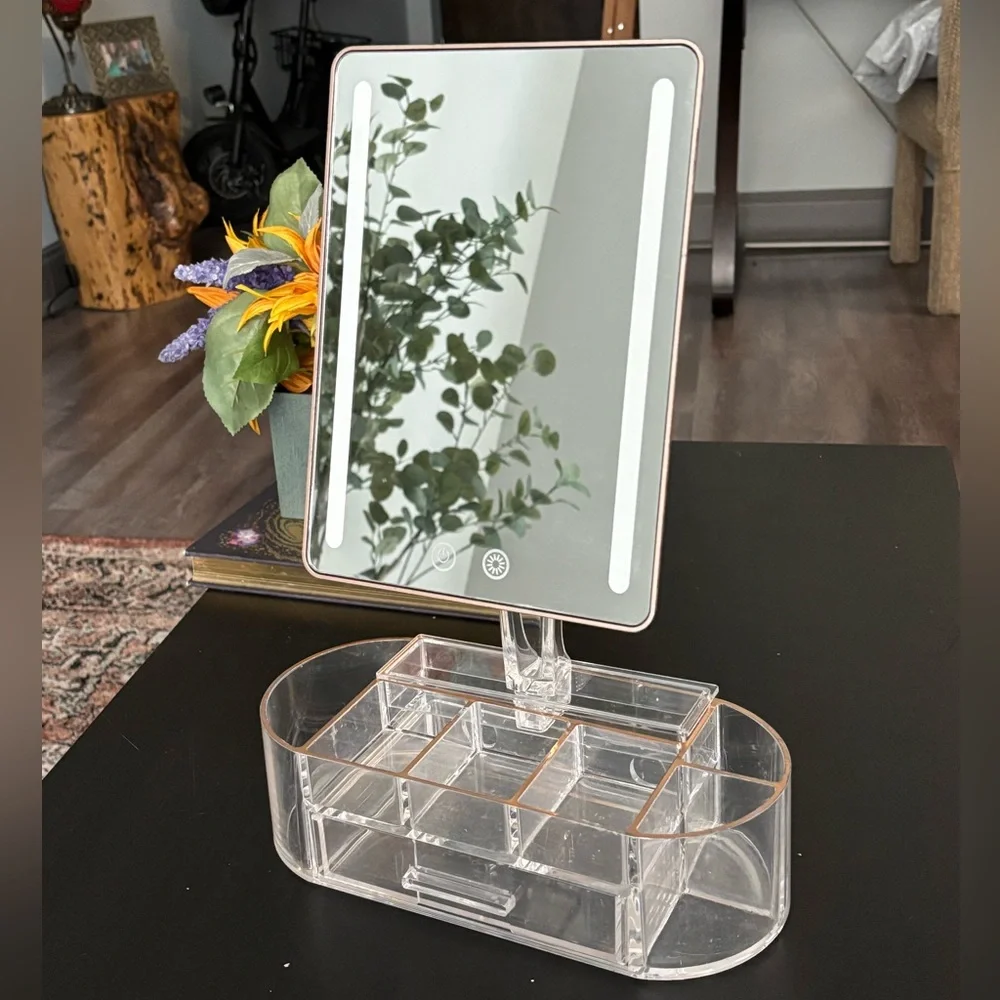 LED Makeup Mirror with Organizer - Rose Gold